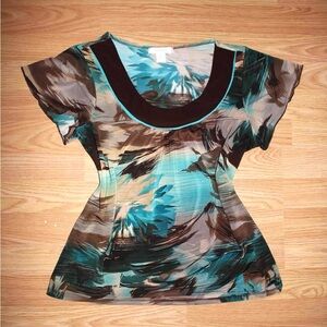 Teal and Brown Short Sleeve Abstract Top